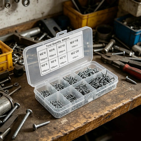 Self Tapping Screws Kit With Pro Grade Organized Storage 800 Pieces M2 Carbon Steel Sheet Metal Screws on workbench