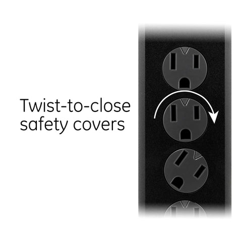 Twist-to-close safety covers on Six Outlet Surge Protector With 20 Foot Extension Cord, 800 Joules Of Surge Protection, Black Power Strip