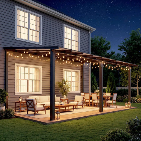 10X12 Outdoor Gazebo For Patio And Deck With Sloped Roof Wall Mounted Tough As Nails Pergola Awnings at night with lights