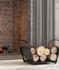 Foldable Fireplace Log Holder and Firewood Rack for Indoor Outdoor Use showcasing logs by a lit fireplace indoors