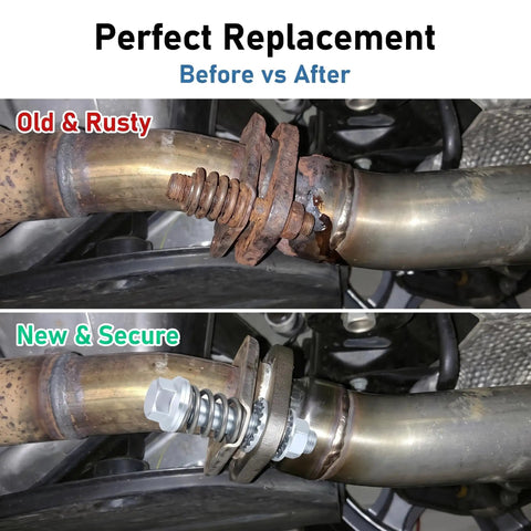 Before and after image showing Tough As Nails Exhaust Manifold Bolts M10x1.5 for muffler replacement, highlighting old rusty vs. new secure bolts.