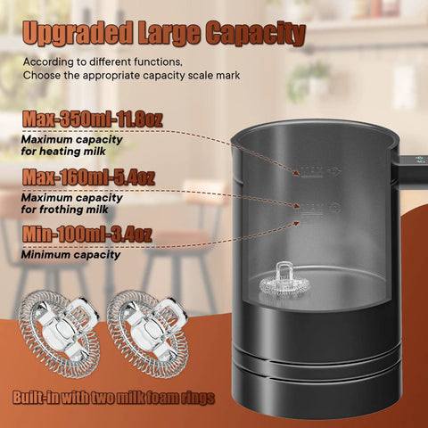 4 In 1 Milk Frother And Steamer For Home Baristas With Hot And Cold Froth Milk Warming And Chocolate Milk Maker Large Capacity Electric Frother For Lattes Cappuccinos And More At Home, showing capacity scale and two milk foam rings.