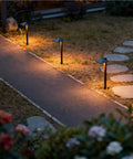 4 Pack 12V Outdoor Landscape Pathway Lighting Kit With 0.6W LED, 3100K Warm White, black aluminum lights lining a garden path