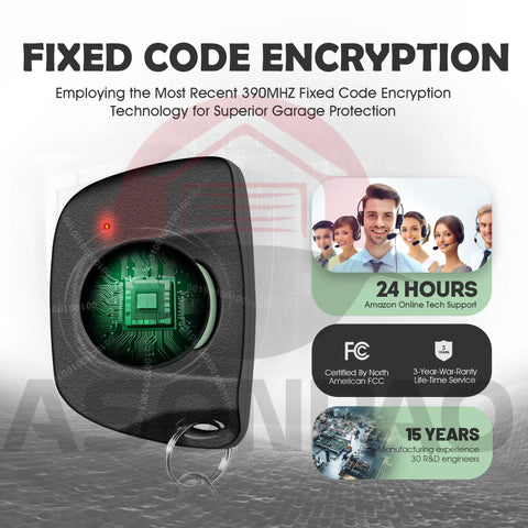 Two Pack Dip Switch Garage Door Opener Remote Replacement for 9 and 12 Dip Switch Models From 1982 to 1996 With 3 Year Warranty and Easy Install Great for DIY Installs, showing fixed code encryption feature