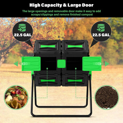 Rotating Dual Chamber Compost Bin with 45 gal capacity, green doors, 22.5 gal chambers for yard, kitchen, and garden waste.