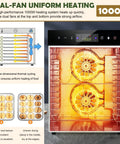Top Tier Electric Food Dehydrator With 12 Stainless Steel Trays And Slick 1000 Watt Dual Fan System Delivers Bangin Results For Heavy Duty Fruit And Jerky Food Prep Projects showing dual fans and tray setup.