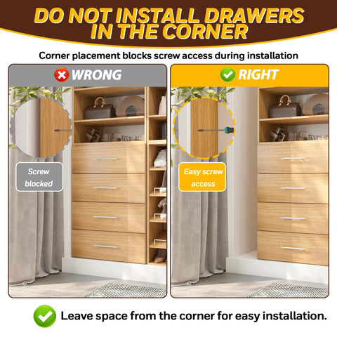The Real Deal Modular Closet System 96 Inch Wall Mounted Organizer showing correct and incorrect drawer installation placements.