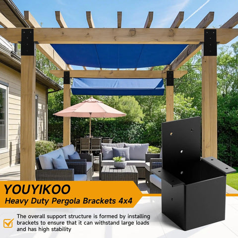 Heavy Duty 4x4 Pergola Bracket Set for Wood Posts, 14 Gauge Post Top and Rafter Brackets, Wall Mount Kit With Screws installed on pergola