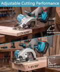 5 Inch Cordless Circular Saw Kit With Brushless Motor 6000 RPM, showing adjustable depth and angle on wood pieces.