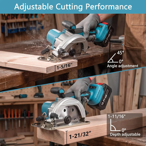 5 Inch Cordless Circular Saw Kit With Brushless Motor 6000 RPM, showing adjustable depth and angle on wood pieces.