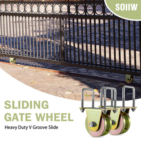 Smooth Operator 4 Inch Crowned V Groove Sliding Gate Rollers Double Bearing Wheels With U Bracket M12 Bolts Heavy Duty Kit showing robust sliding gate wheels