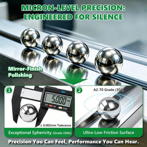 Close-up of 640 Piece Assorted 304 Stainless Steel Bearing Balls Kit 1mm To 8mm Sizes on a sliding track, showcasing precision and quality.