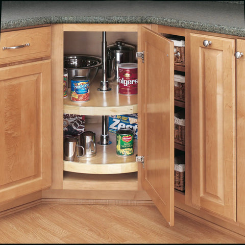 Premium Wood Lazy Susan Double Tier Turntable For Corner Base Cabinets with chrome hub in kitchen cabinet storage.