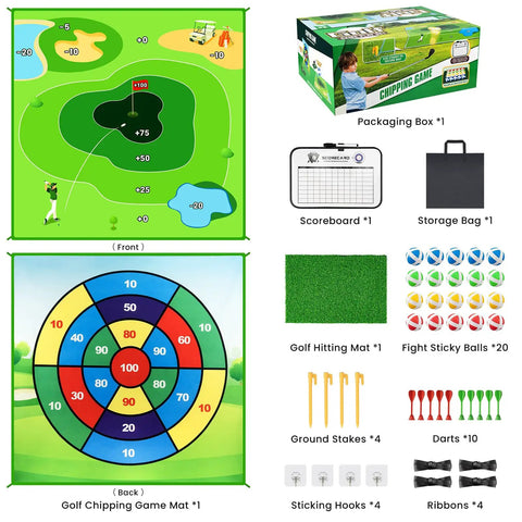 Battle Golf Chipping Practice Mat For Backyard Swing Training And Family Fun Double Sided Hitting Mat with accessories displayed