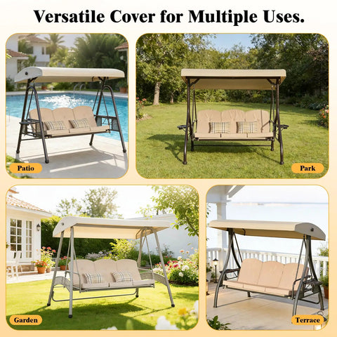 Khaki One-Piece Outdoor Swing Canopy Replacement Cover For 3-Seat Porch Swing shown in patio, park, garden, terrace settings