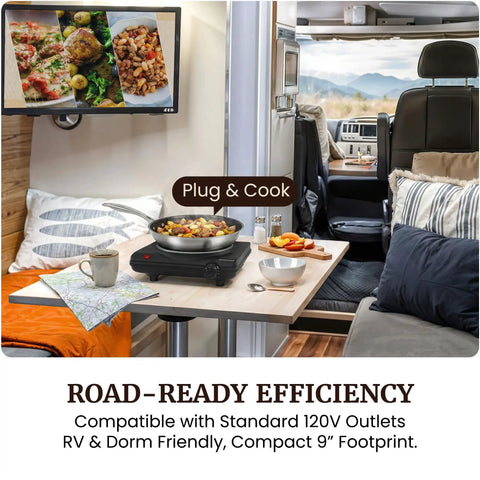 Roadready Electric Hot Plate Featuring Slick Cast Iron Cooking Surface Seven Speed Heat Dials Compact 1000 Watt Portable Burner in RV kitchen setting.