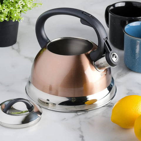 Flintshire 1.75 Quart Stainless Steel Whistling Tea Kettle With Copper Finish Flip Up Spout Cover Stay Cool Nylon Handle For Fast Easy Pour On The Stove