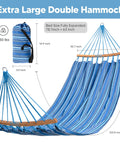 Double Hammock With Curved Spreader Bar For Outdoor Hangouts In Patio Backyard Balcony Portable With Carrying Bag And Tree Straps Supports Up To 450lbs Blue Ideal For Indoor Bedroom Or Outdoor Patio Lounging And Travel Ready product with dimensions and included bag.