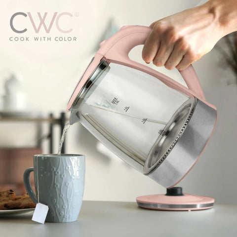 Electric Tea Kettle 1.8L Cordless Hot Water Boiler In A Snap With 1200W Rapid Boil, pouring water into a mug.