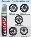 Gunpowder Gray Wheel Touch Up Paint Pen For Tesla Model Y And 3 S X Alloy Rims on display with various Tesla wheel designs.