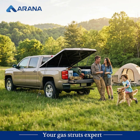 Heavy Duty Gas Struts For Tru, truck with open hatch, camping gear visible, family enjoying outdoors, golden retriever playing