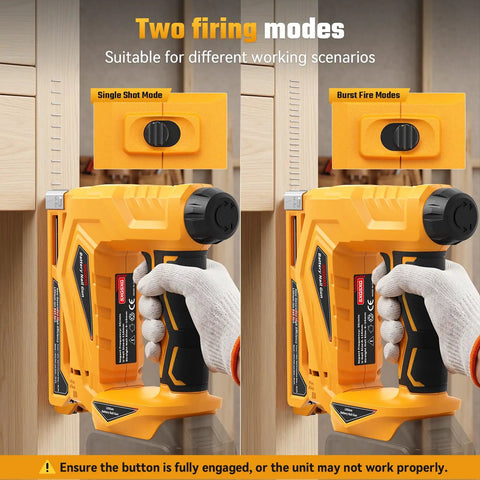 Tough As Nails Two In One Cordless Nailer And Brad Nailer Combo showing two firing modes: Single Shot and Burst Fire.