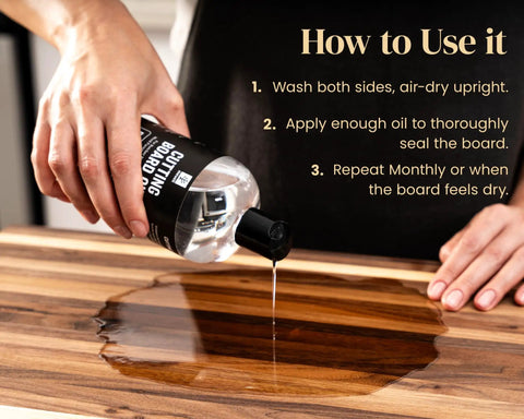 Hand pouring Food Grade Mineral Oil For Wood Cutting Boards And Butcher Blocks 16oz Safe For Bamboo Marble Soapstone And Stainless Steel Counters Made In USA Top Notch Kitchen Care And Conditioning For Long Lasting Finish on wooden board