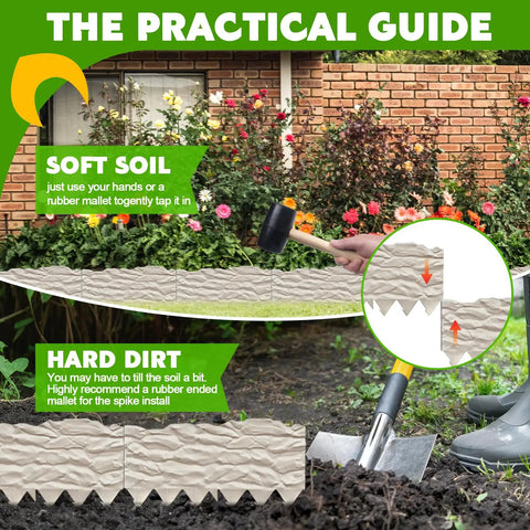 Heavy Duty Plastic Garden Edging Border Kit installation with rubber mallet and shovel showing no dig feature in soil