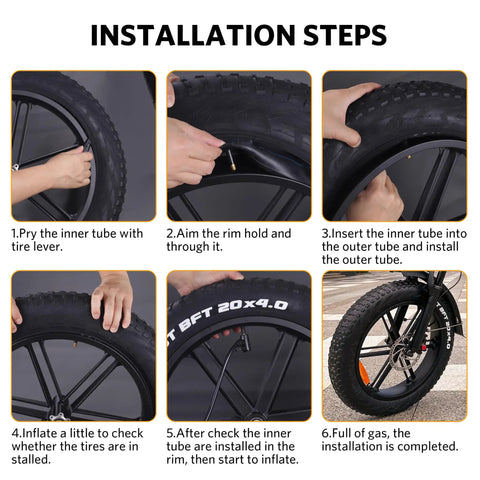 Installation steps for Fat Bike Inner Tubes 20x4.0 With Schrader Valve, 32mm, Heavy Duty Butyl Rubber Tube For Fat Tires