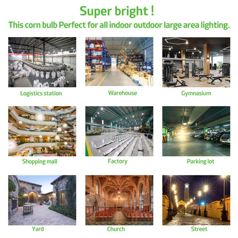 Hella Bright 80W LED Corn Light Bulb usage including logistics, warehouse, gym, mall, factory, parking, yard, church, street lighting