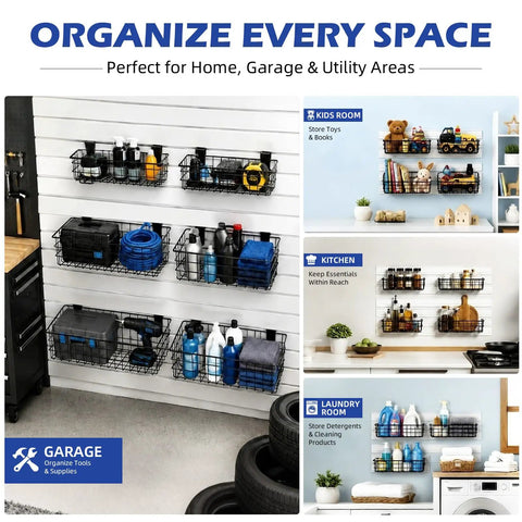 Badass Heavy Duty Wall Basket Set Compatible With Gladiator Geartrack And Gearwall For Garage Kitchen Closet And Laundry Storage Organizer Four Pack Setup. Four black wall baskets mounted with tools and cleaning supplies.