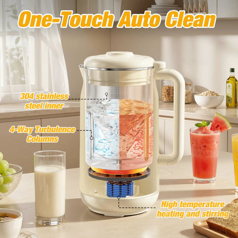 10 In 1 Automatic Nut Milk Maker With 42 Oz Capacity For Almond Soy Oat And Plant Based Milks And Juices Dairy Free Beverages With LED Panel Delay Start Keep Warm And Self Clean featuring a glass container with stainless steel inner in a kitchen setting.