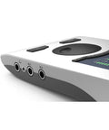 Close-up of Portable Studio USB Audio Interface with 4 Analog I/O, 2 Headphone Outputs, ADAT I/O, MIDI I/O, USB 2.0 controls and inputs visible.