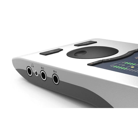Close-up of Portable Studio USB Audio Interface with 4 Analog I/O, 2 Headphone Outputs, ADAT I/O, MIDI I/O, USB 2.0 controls and inputs visible.