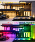 Kickass 100W Smart RGB LED Flood Lights 1000W Equivalent illuminating a modern home in various colors, showcasing outdoor landscape design.