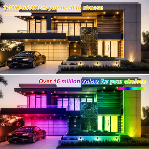 Kickass 100W Smart RGB LED Flood Lights 1000W Equivalent illuminating a modern home in various colors, showcasing outdoor landscape design.