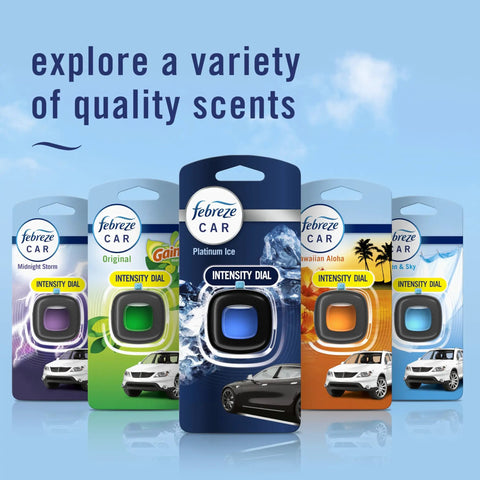 Top Tier Car Air Freshener Vent Clip With Platinum Ice Scent displayed in various scents packaging for car freshness.