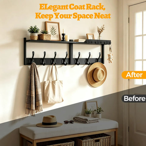 Slick Wall Mount Coat Rack With Bamboo Shelf And Heavy Duty Hooks Perfect For Effortless Entryway Organization Holds Winter Jackets Backpacks And Tote Bags Top Shelf Storage with scarves and hats displayed.