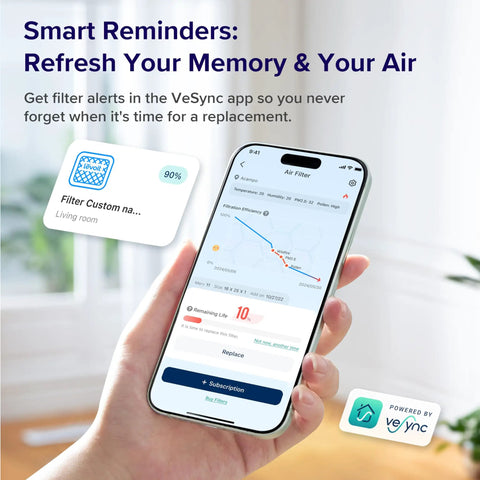 Smartphone showing VeSync app filter alerts for Game Changer Furnace Replacement Air Filters Sized 16X25X1 for easy replacements.
