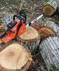 Heavy Duty Telescopic Firewood Measuring Stick With Super Strong Magnets For Fast Wood Cutting And Dang Easy Log Marking Yard Tool For Outdoor Campfire Prep And Homestead Wood Piles positioned on sawn tree stumps.