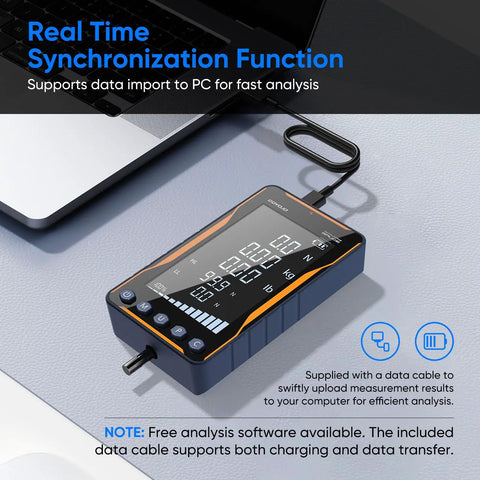 Pro-Grade Digital Force Gauge with Epic Big Screen and Bold Multi-Unit Readouts for Killer Push Pull Accuracy and Trigger Pull Testing for Industrial Quality Assurance connected to laptop.