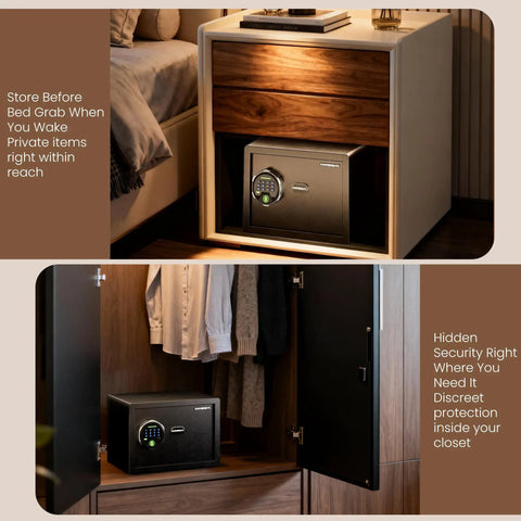 Heavy Duty 20 Lb Biometric Safe With Rock Solid Fingerprint Lock And Bright LED Light in a bedroom nightstand and closet.