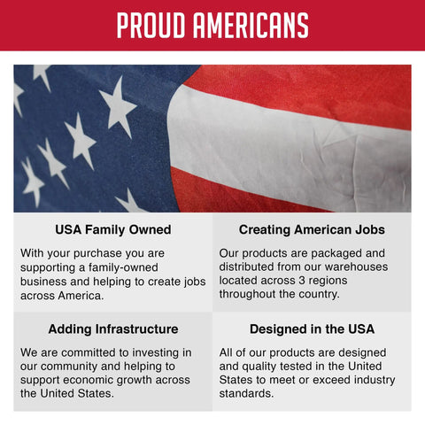 American flag background with text promoting USA family-owned business and creating American jobs, infrastructure, and design.