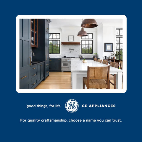 Modern kitchen with GE Appliances, featuring dark cabinets, large windows, and an island, showcasing quality craftsmanship.