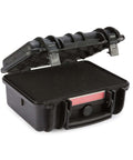 Kickass Hard Camera Case Featuring Smooth Side Handles And Custom Foam Dividers For Dslr Gear Transport, open black waterproof case.