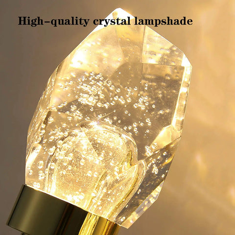 Modern Double Head LED Wall Sconce Rock Solid Hardware Body and Prismatic Crystal Details Knockout Vibe Enhancement in Bedroom or Corridor Luxury Illumination close-up of crystal lampshade with bubbles and soft light.