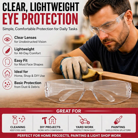 Bulk Six Pack Clear Lens Safety Glasses ANSI Z87 1 certified, lightweight, protecting eyes from dust during DIY tasks.
