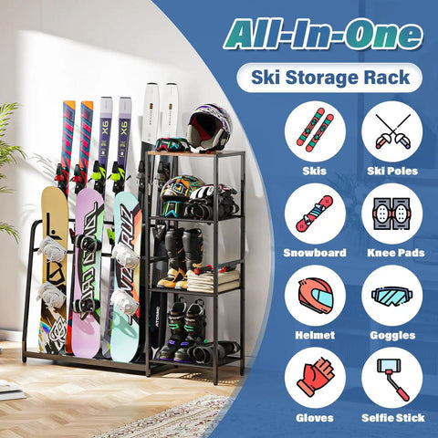 Freestanding Ski And Snowboard Rack Keeps Your Gnarly Shred Gear Totally Organized Holds three boards, helmets, and sets of skis on black steel frame.