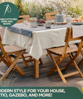 Outdoor dining setup with wooden chairs and a table featuring a beige drop cloth, highlighting double-stitched hems and seams.