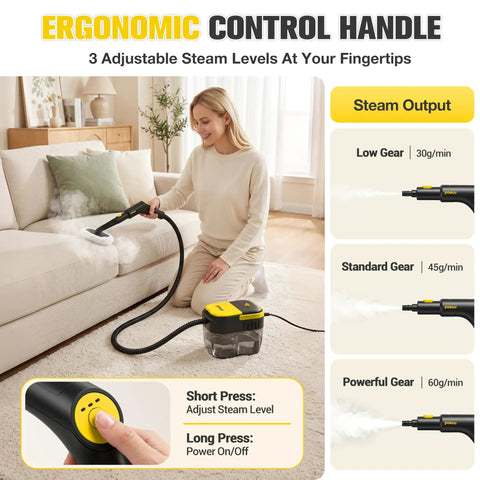 Get Your Home Sparkling With This Powerful Handheld Steam Cleaner. A woman uses it on a couch with adjustable steam levels.